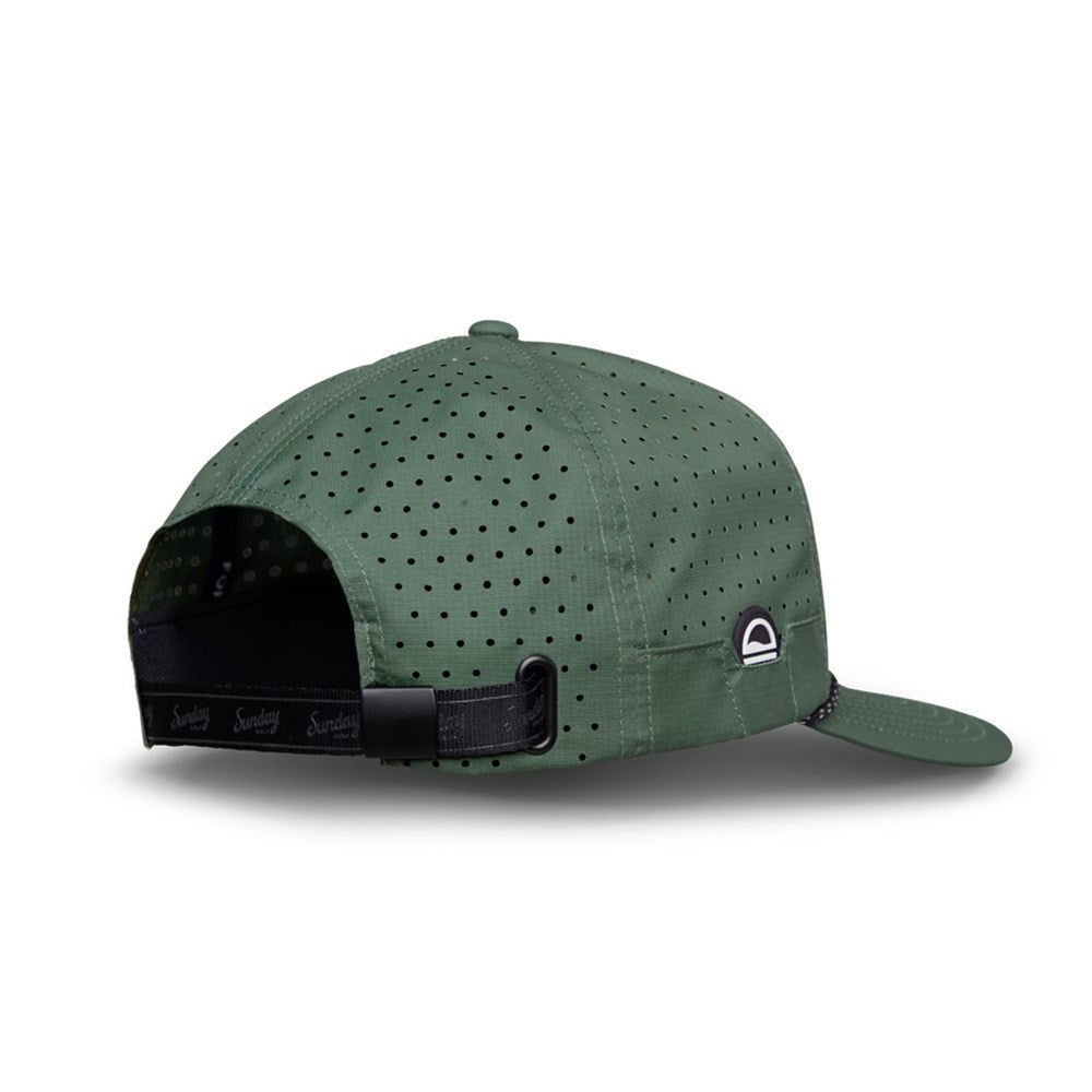 A green golf hat with a logo on the front, made of polyester ripstop material, featuring a flat brim and air holes on the crown.