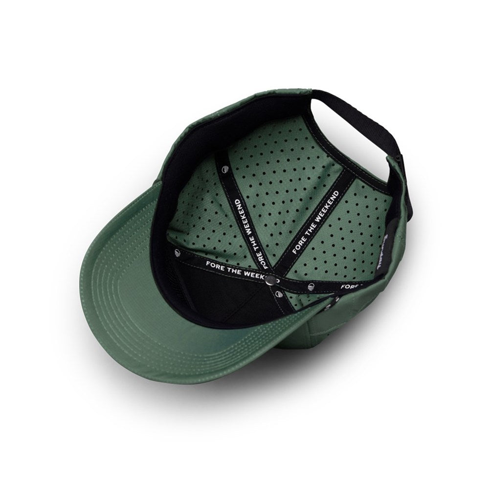 A green golf hat with a logo on the front, made of polyester ripstop material, featuring a flat brim and air holes on the crown.