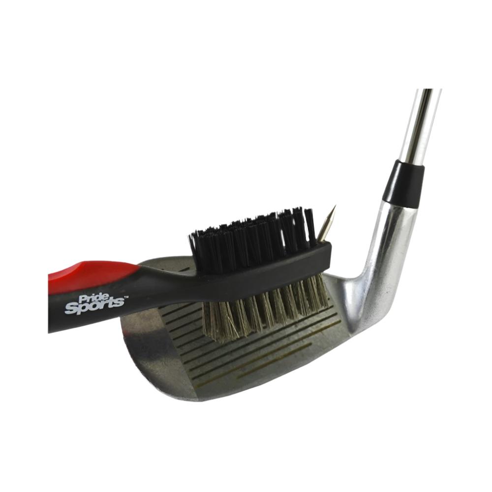 A deluxe golf brush with a black and red handle, gray bristles, and a retractable nylon cord, branded with 'Pride Sports'.