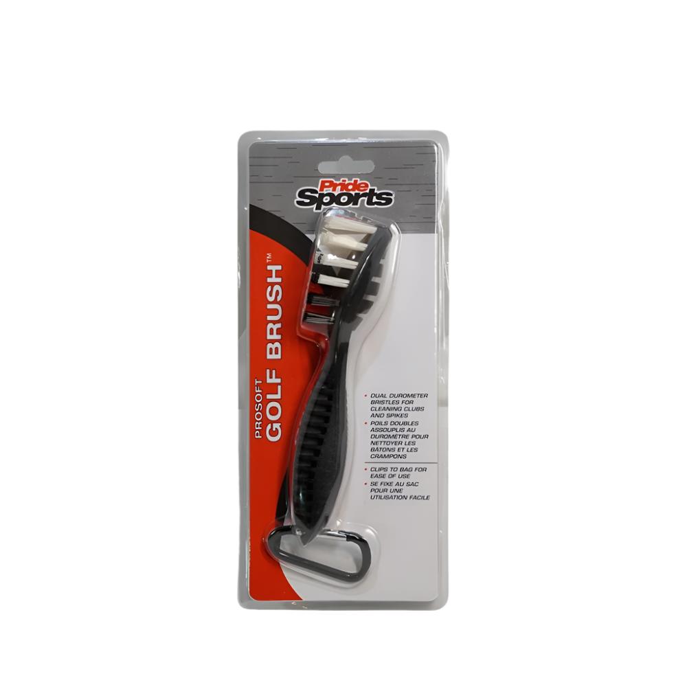 Pride Sports golf brush packaging, featuring a black brush with steel bristles and a red and gray handle.