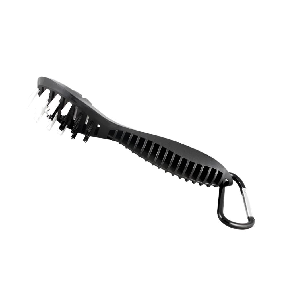 a black brush with steel bristles and a red and gray handle.