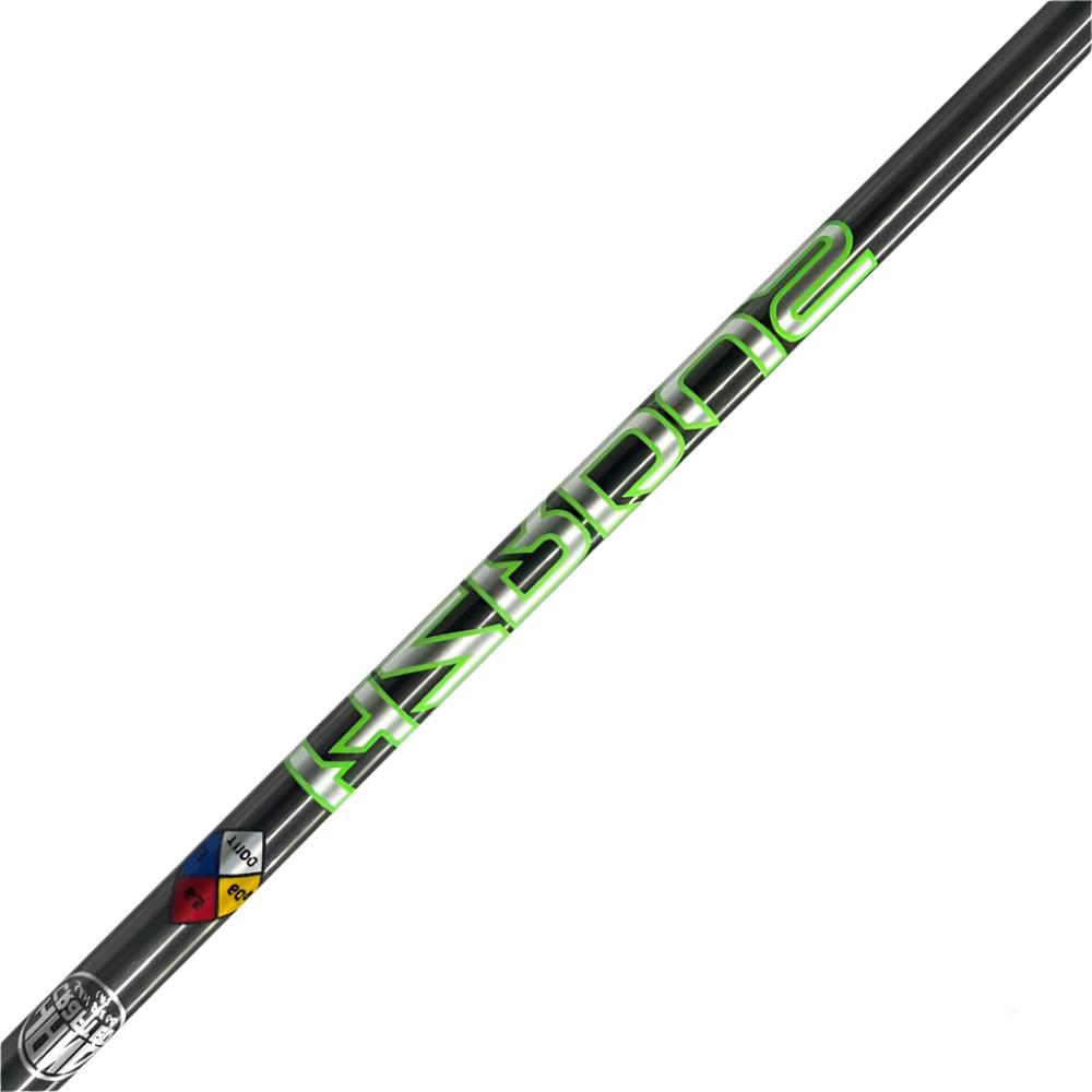 A close-up of a Project X Graphite - HZRDUS T1100 (HC) golf club shaft, showcasing its black and green color design with visible branding and text.