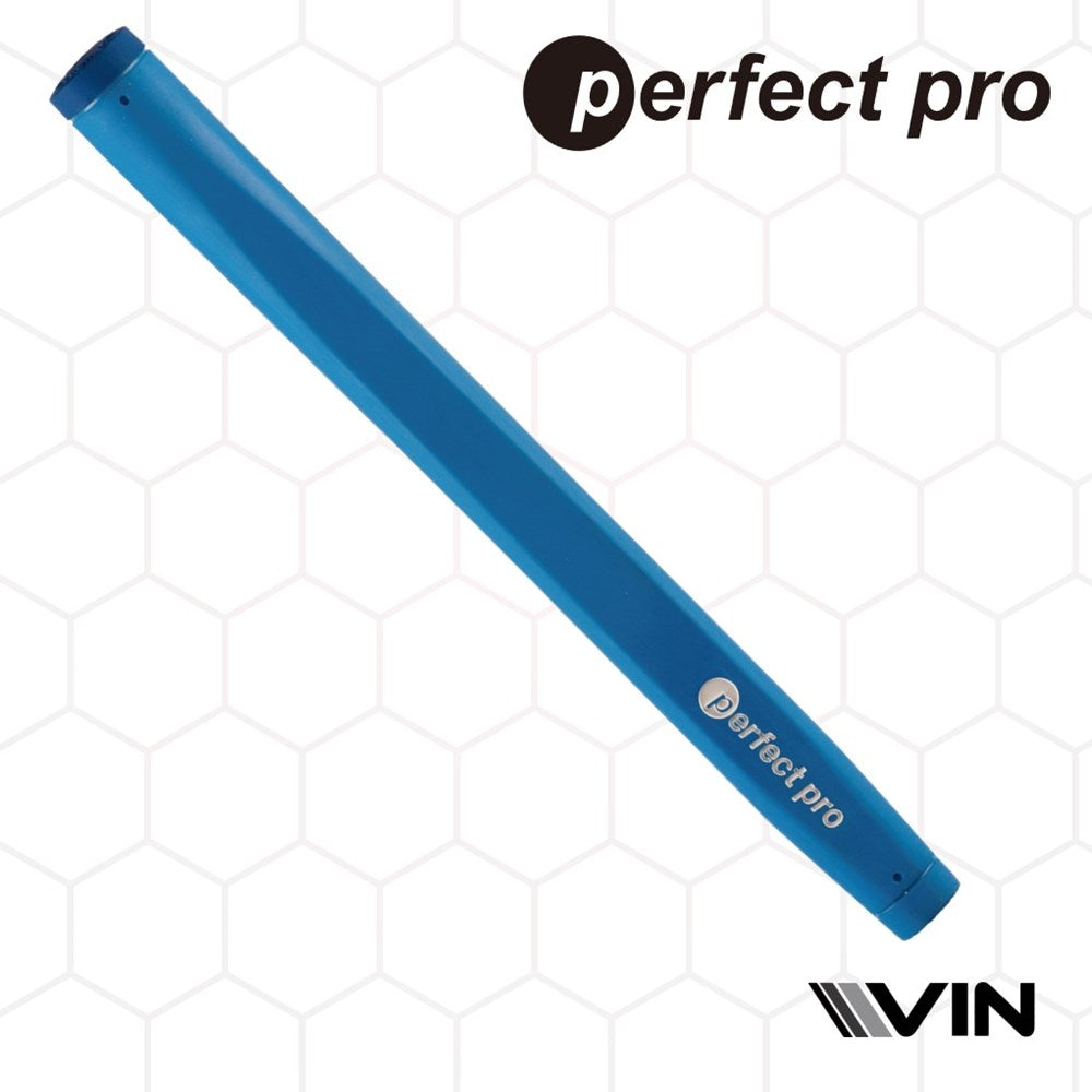 A blue putter grip with the text 'perfect pro' and 'VIN' as sponsor, against a patterned background.