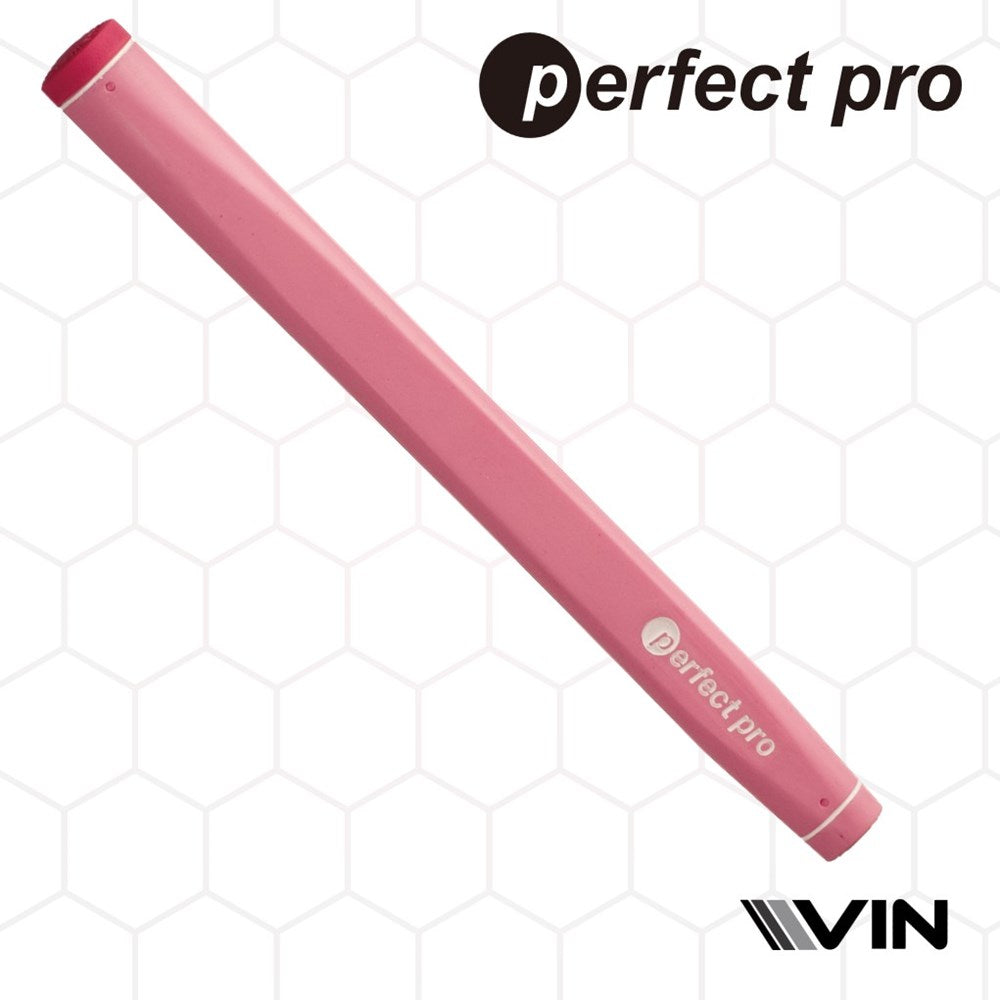 A pink putter grip with the text 'perfect pro' and 'VIN' as sponsor, against a patterned background.