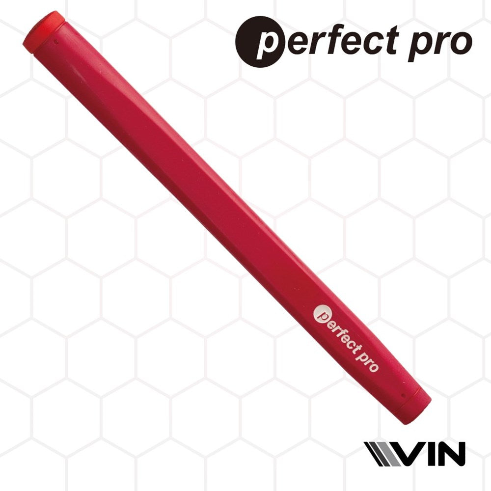 A red putter grip with the text 'perfect pro' and 'VIN' as sponsor, against a patterned background.