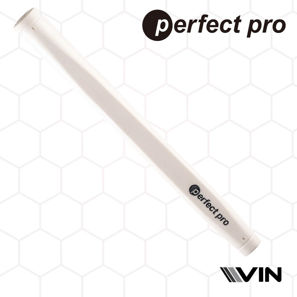 A white putter grip with the text 'perfect pro' and 'VIN' as sponsor, against a patterned background.