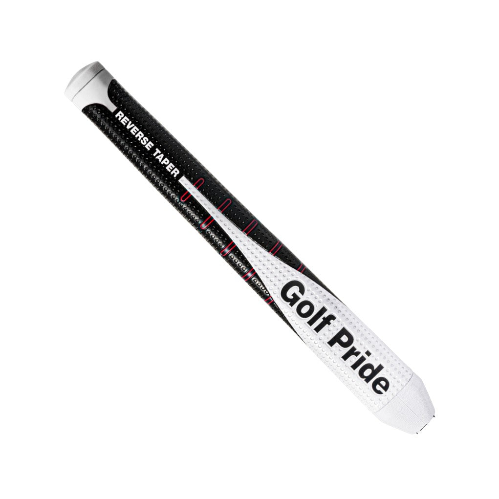 A Golf Pride putter grip with reverse taper design, predominantly white with black and red accents.