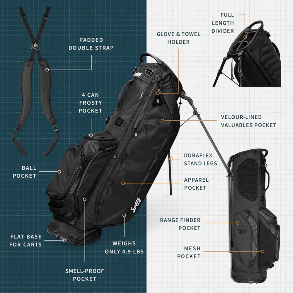 A full-size black golf stand bag with multiple pockets, a built-in carry handle, and a signature Frosty Pocket. It is displayed with the bag standing on a flat surface brochure.