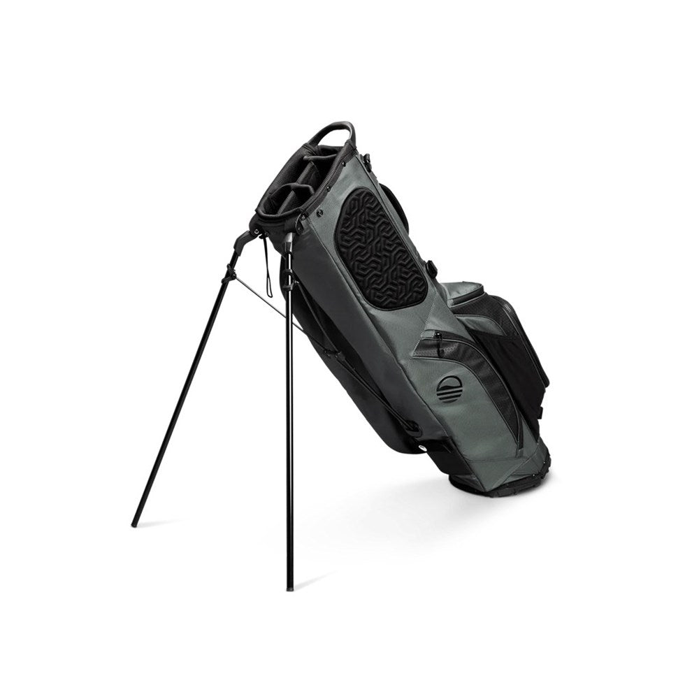 A full-size gray Sunday Golf stand bag with multiple pockets, a built-in carry handle
