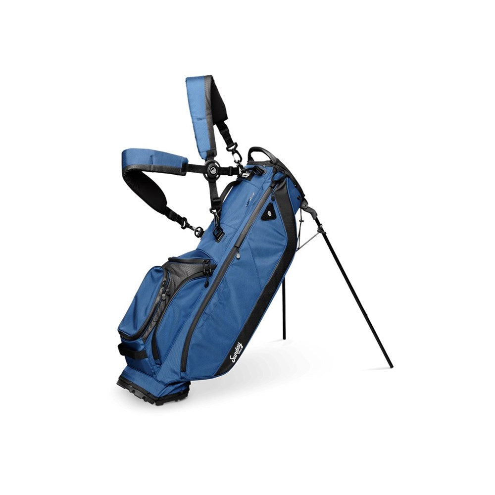 Blue golf bag with stand on a white background