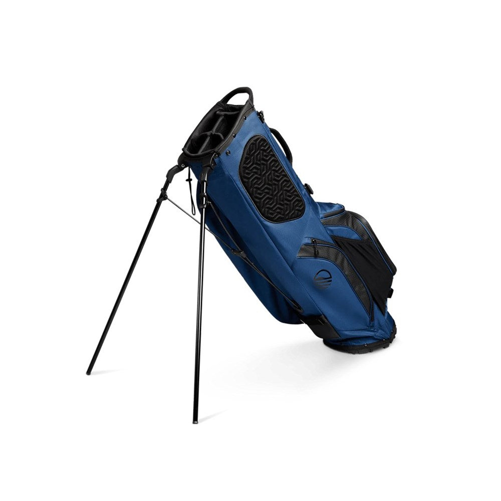 Blue and black golf bag with stand on a white background