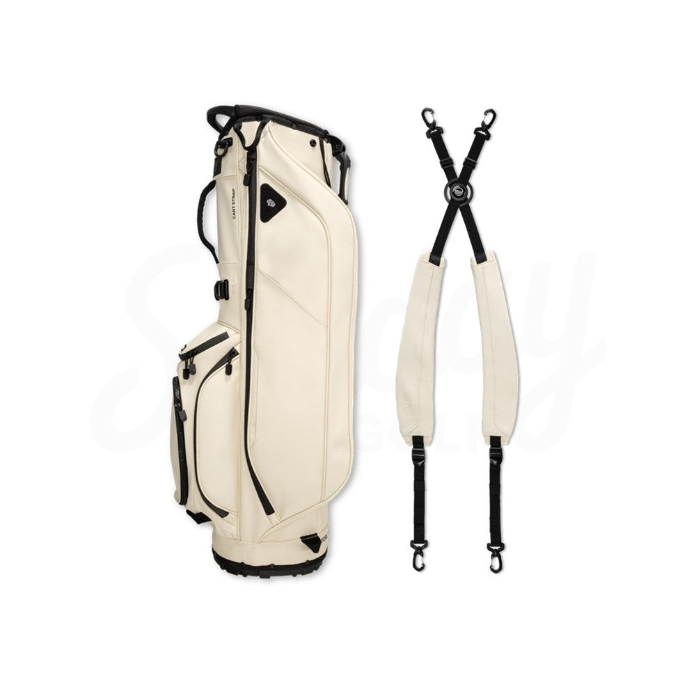 Beige golf bag with a strap on a white background