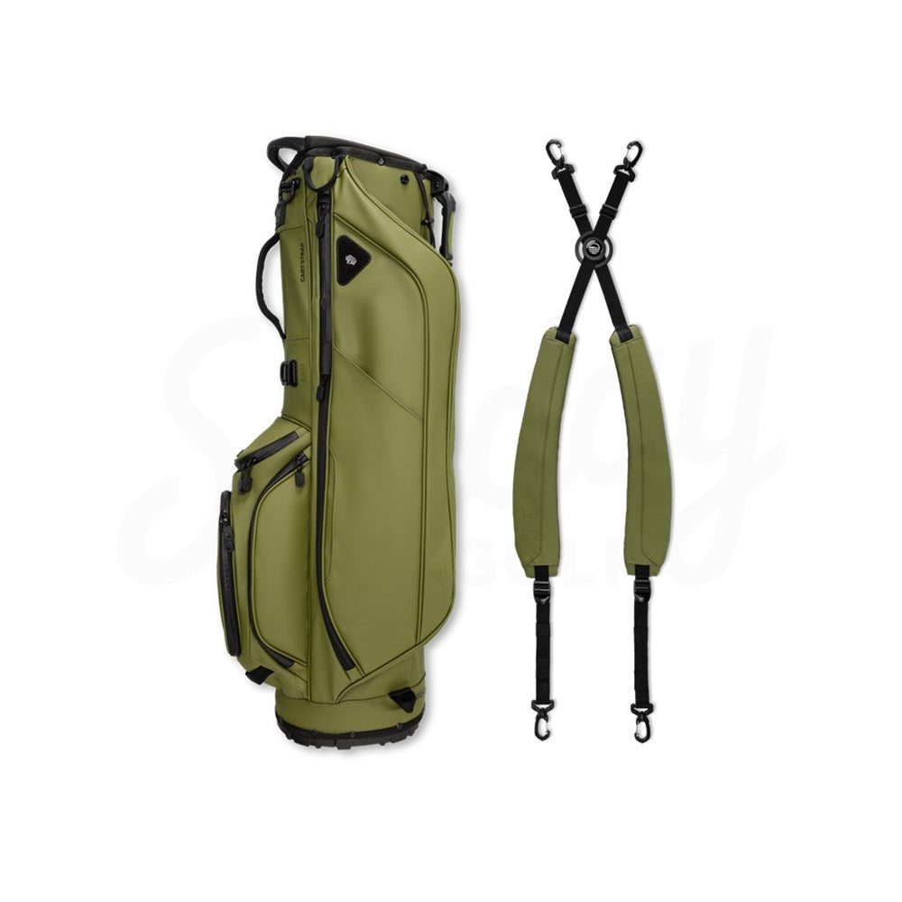 Green golf bag with a detachable strap on a white background