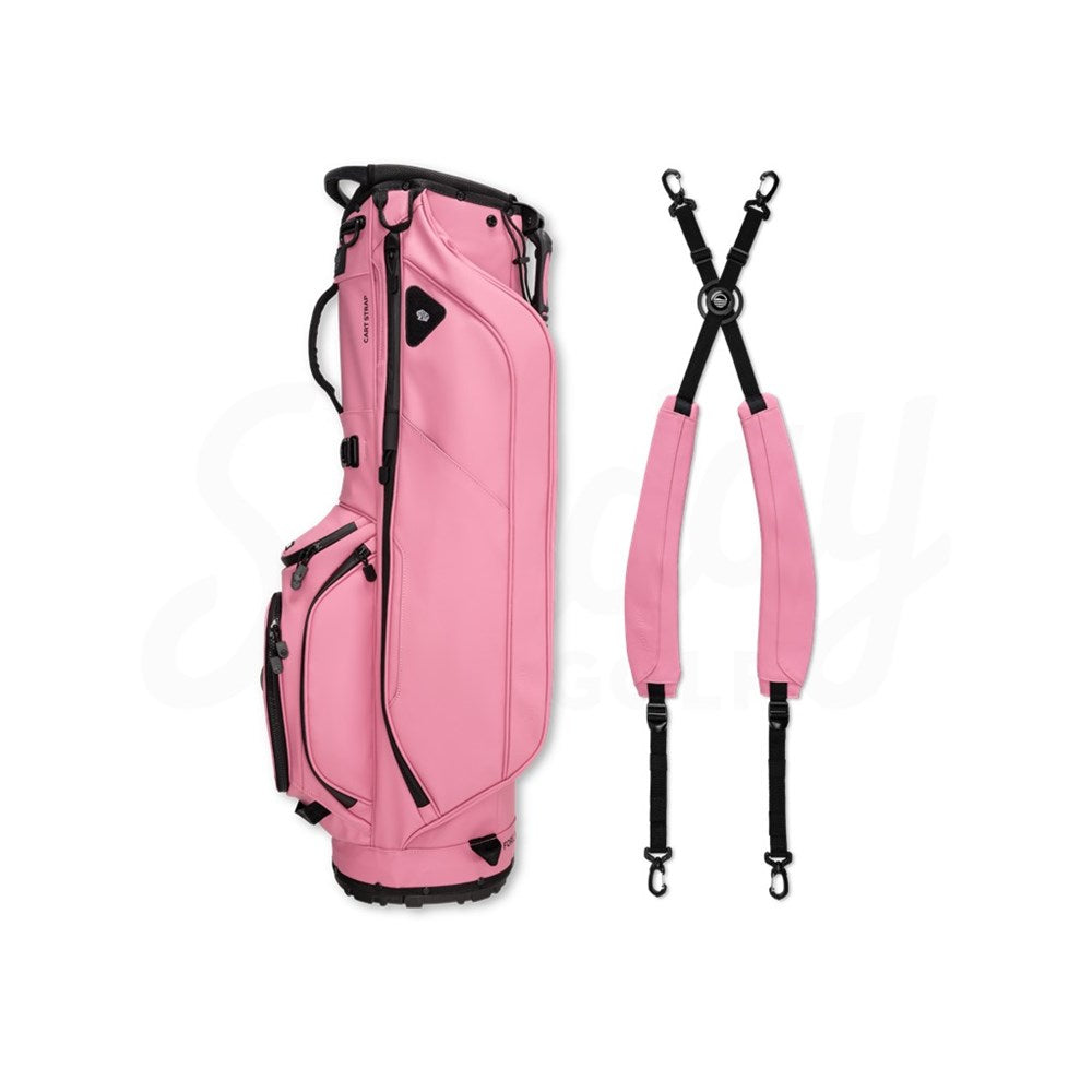 Pink golf bag with a matching strap on a white background