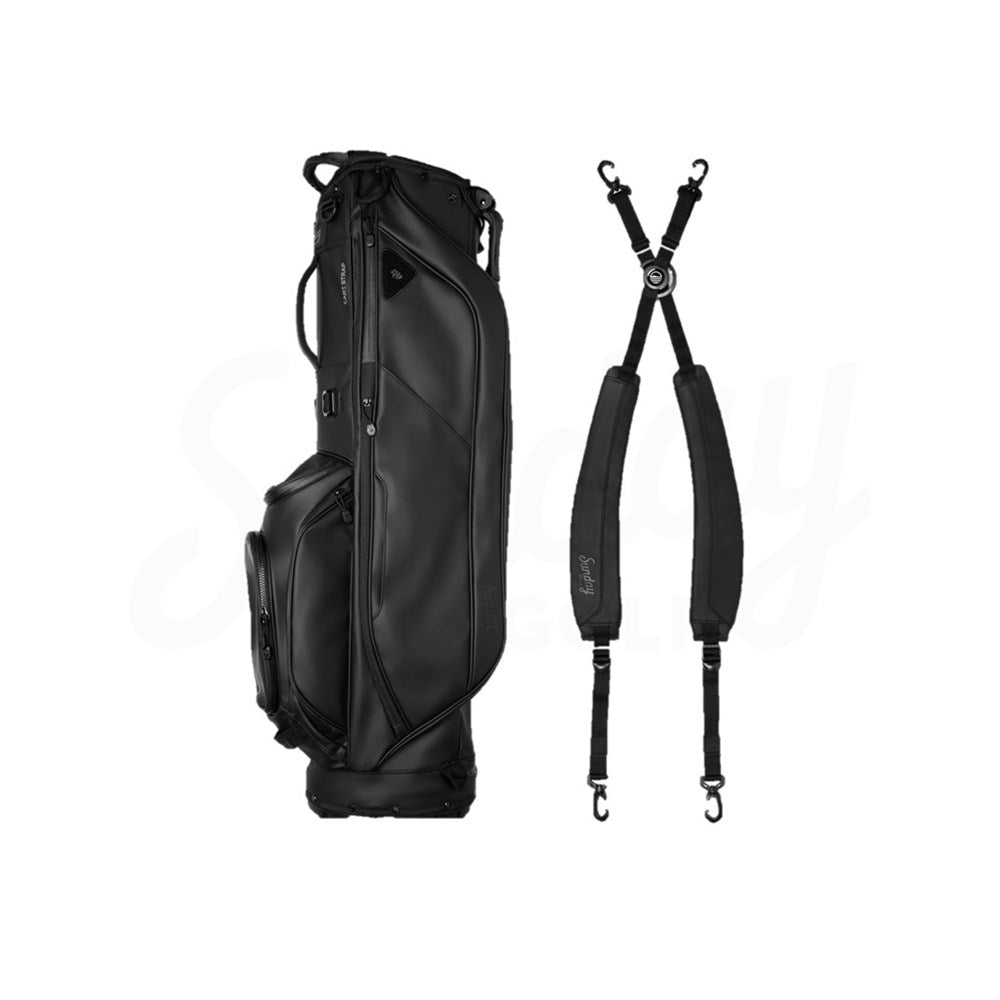 Black golf bag with a strap on a white background