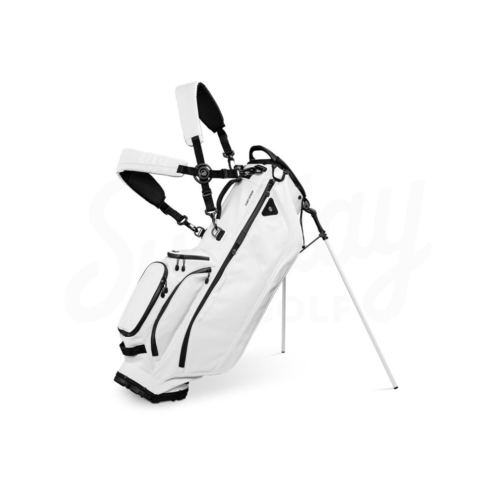 White golf bag with black accents on a white background