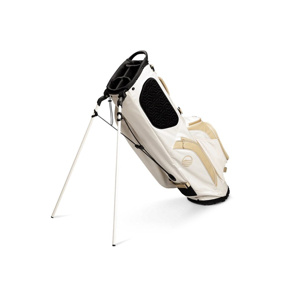 White golf bag with black accents on a white background