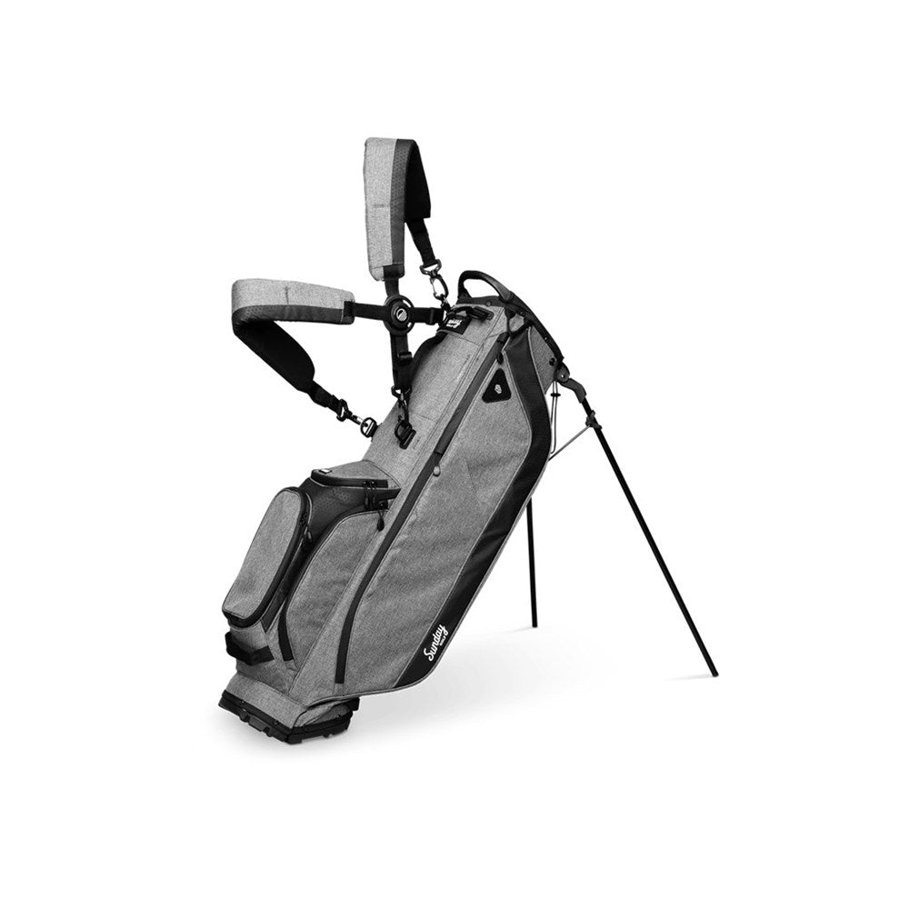 A full-size Sunday Golf stand bag, featuring multiple pockets and a built-in carry handle, in gray color with black accents.
