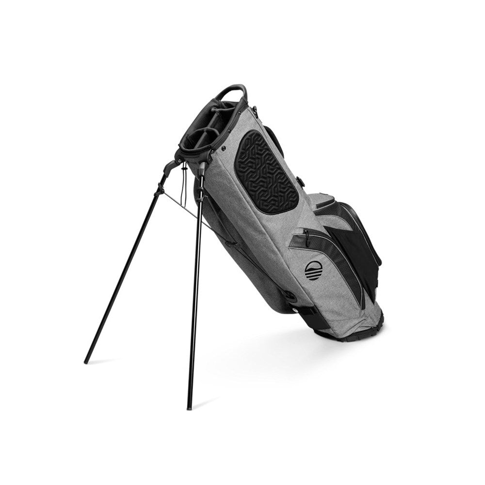 A full-size Sunday Golf stand bag, featuring multiple pockets and a built-in carry handle, in gray color with black accents.