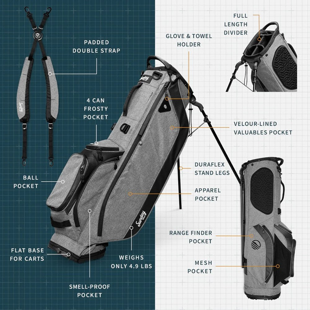 A full-size Sunday Golf stand bag, featuring multiple pockets and a built-in carry handle, in gray color with black accents.