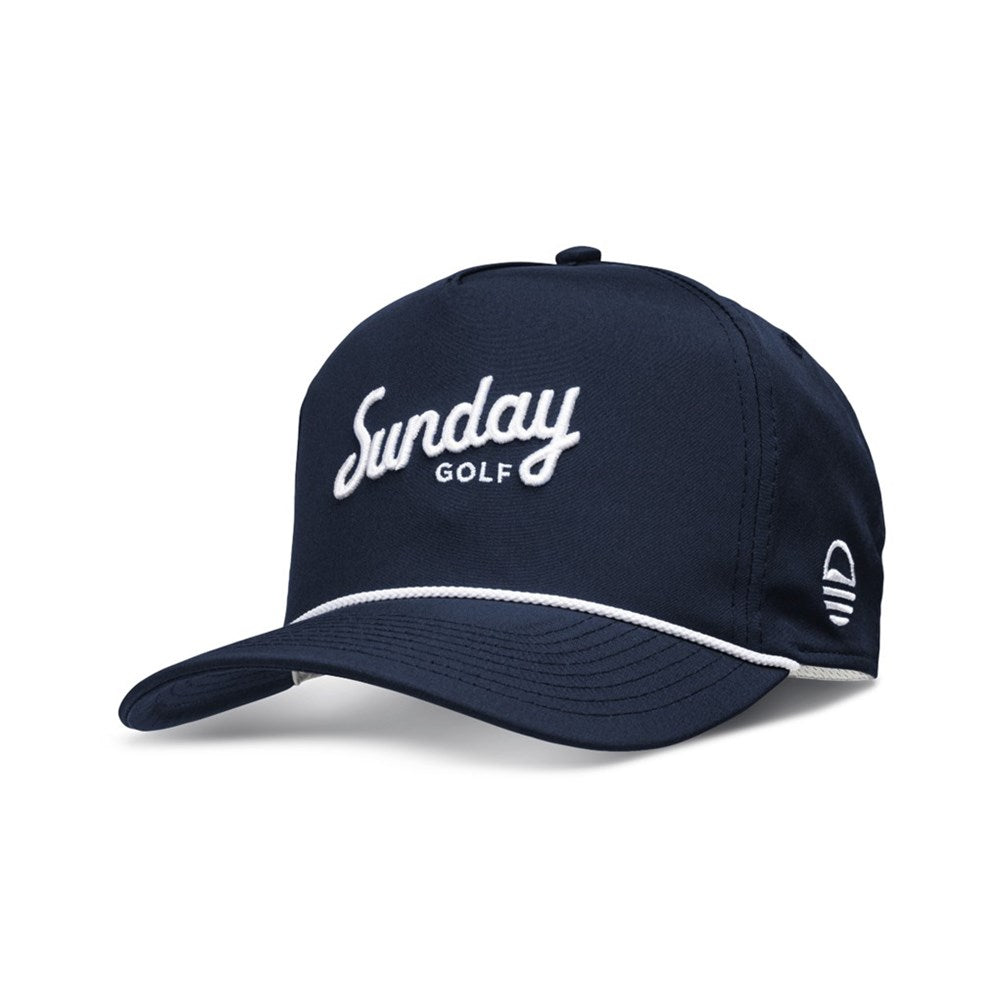 A navy golf hat with white text 'Sunday Golf' and a rope detail around the visor.