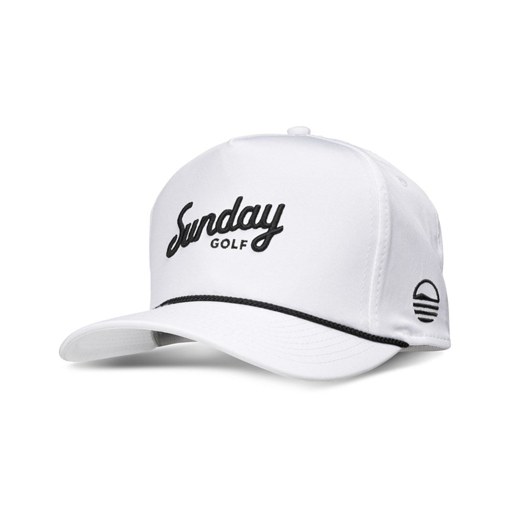 A white golf hat with 'Sunday Golf' text on the front and a logo on the side.