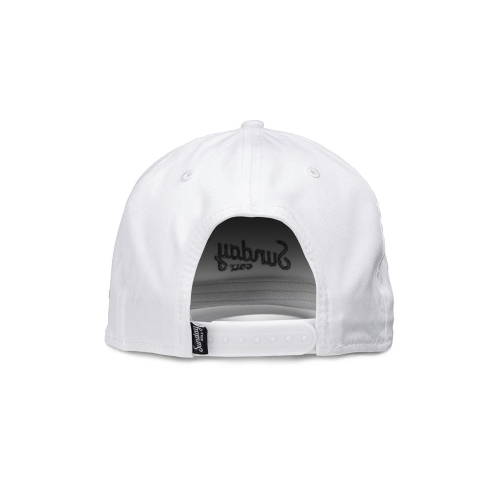 A white golf hat with 'Sunday Golf' text on the front and a logo on the side.
