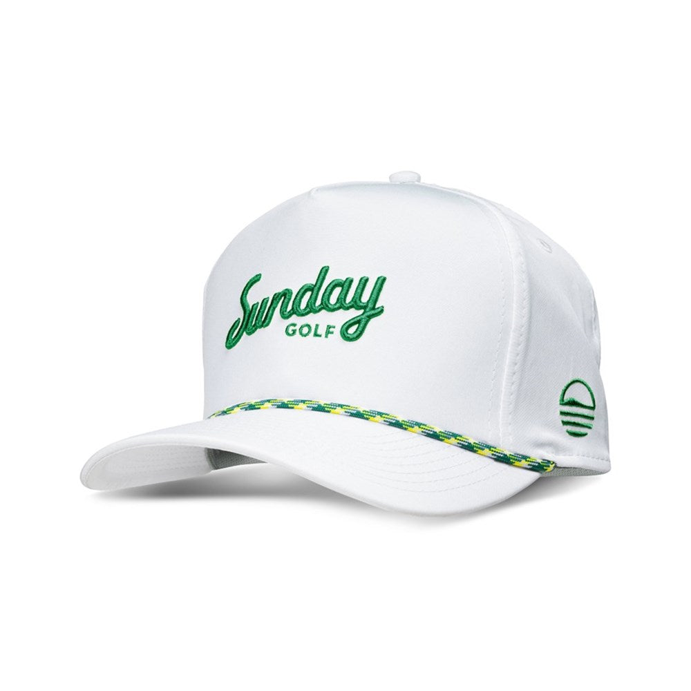 A white golf hat with green text that reads 'Sunday Golf' and a colorful rope detail around the base of the crown.