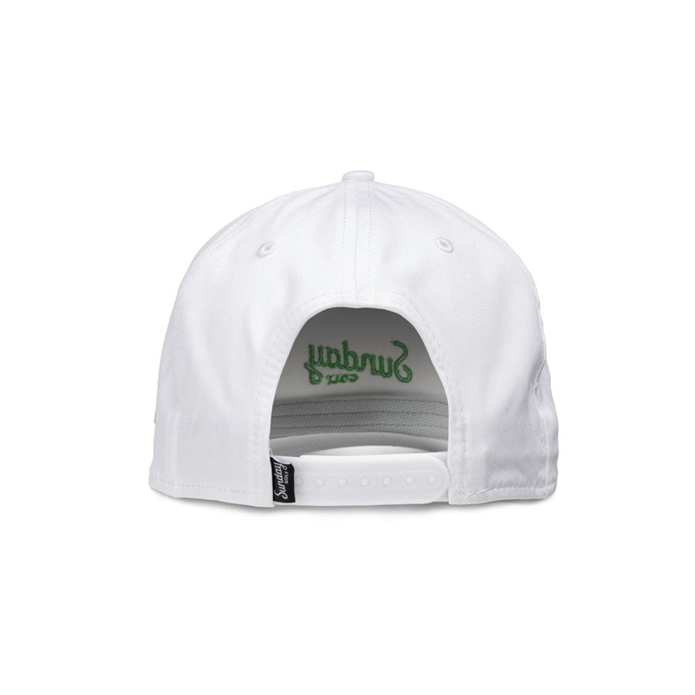 A white golf hat with green text that reads 'Sunday Golf' and a colorful rope detail around the base of the crown.