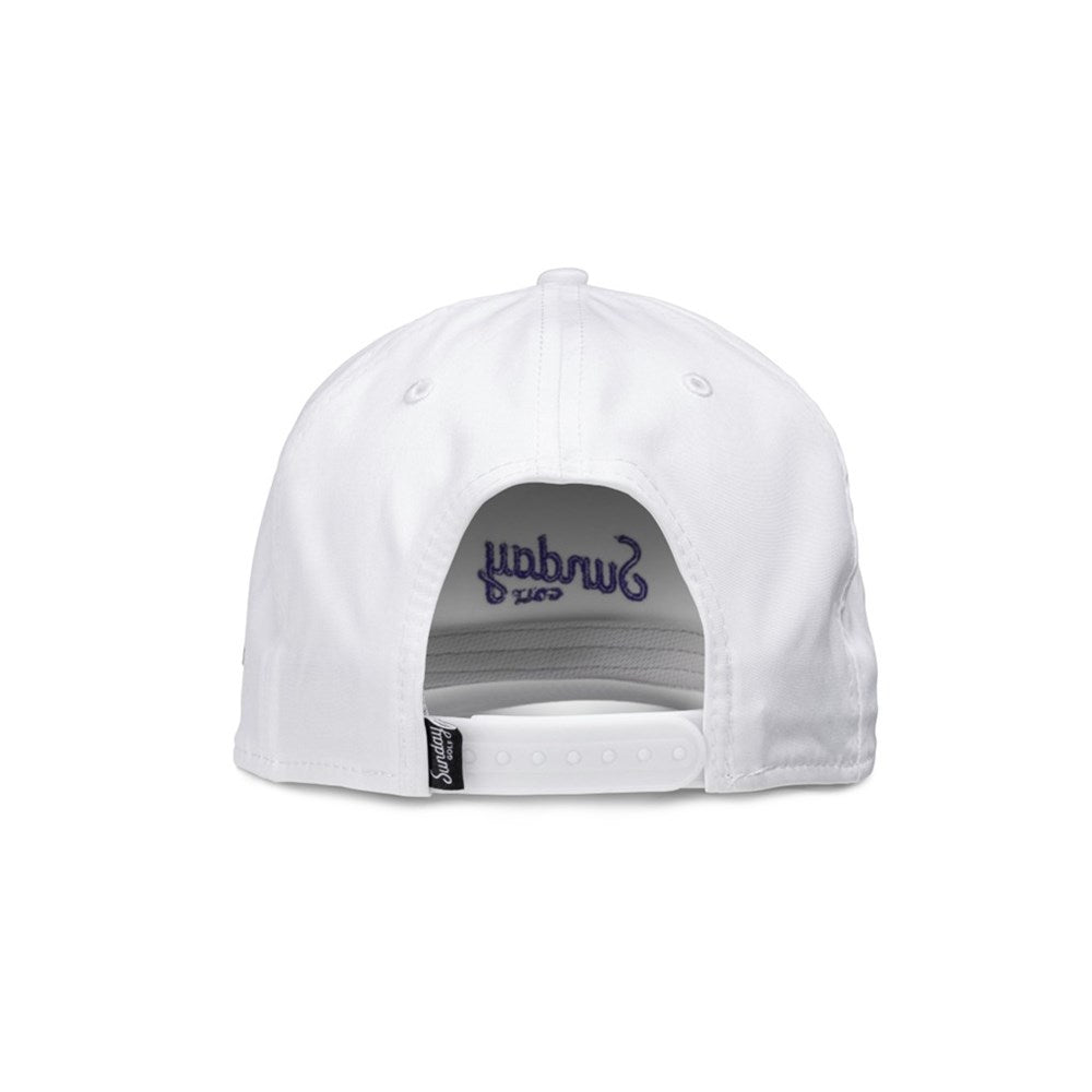 A white golf hat with 'Sunday Golf' text in blue on the front panel, featuring a rope detail around the base.