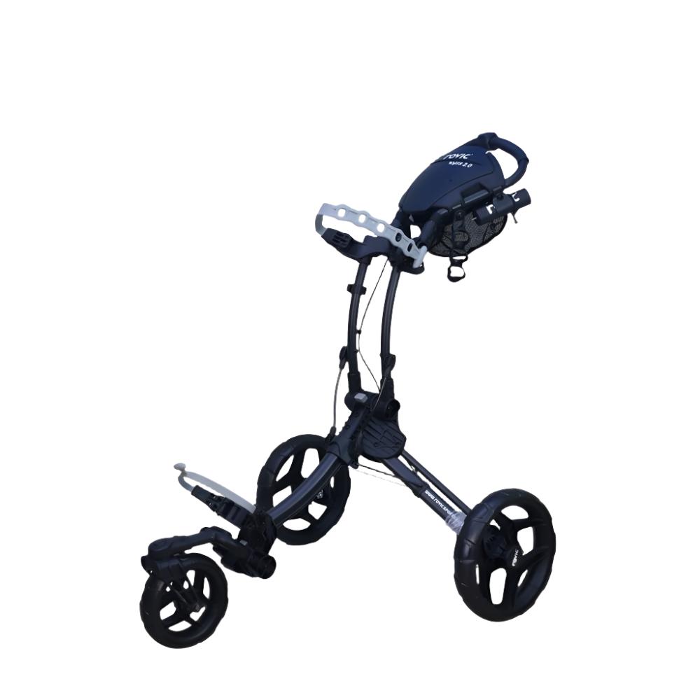 A compact three-wheel Rovic golf cart with a black frame, silver accents, and a blue seat, designed for easy transport on a golf course.