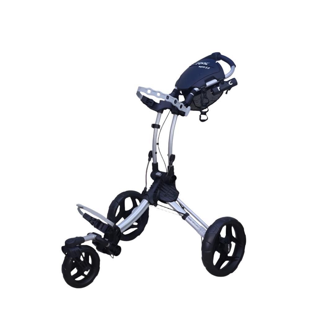 A compact three-wheeled golf cart with a swivel front wheel, solid aluminum and plastic construction, and a full console.