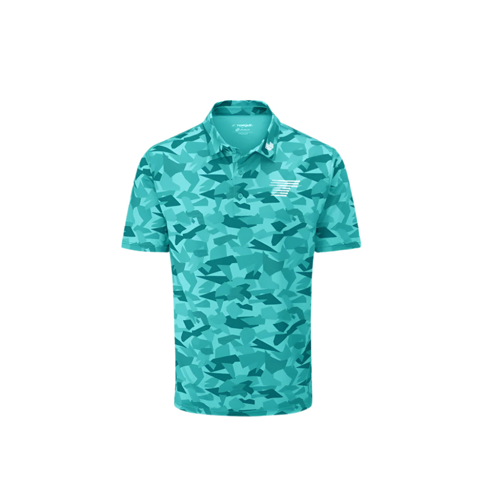 A Stuburt polo tee in Santiago Sea Green color with a camouflage pattern and the LIV Golf Team Torque branding on the chest.