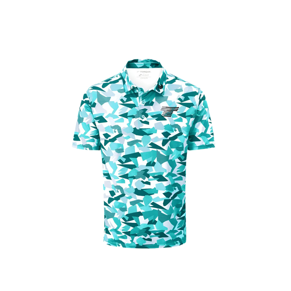 A Stuburt polo tee with a geometric pattern in shades of white and blue, featuring the LIV Golf and Team Torque logos.