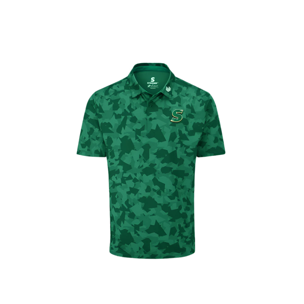 A green camouflage pattern Stuburt polo tee with the LIV Golf and Team Stinger branding on the chest area.