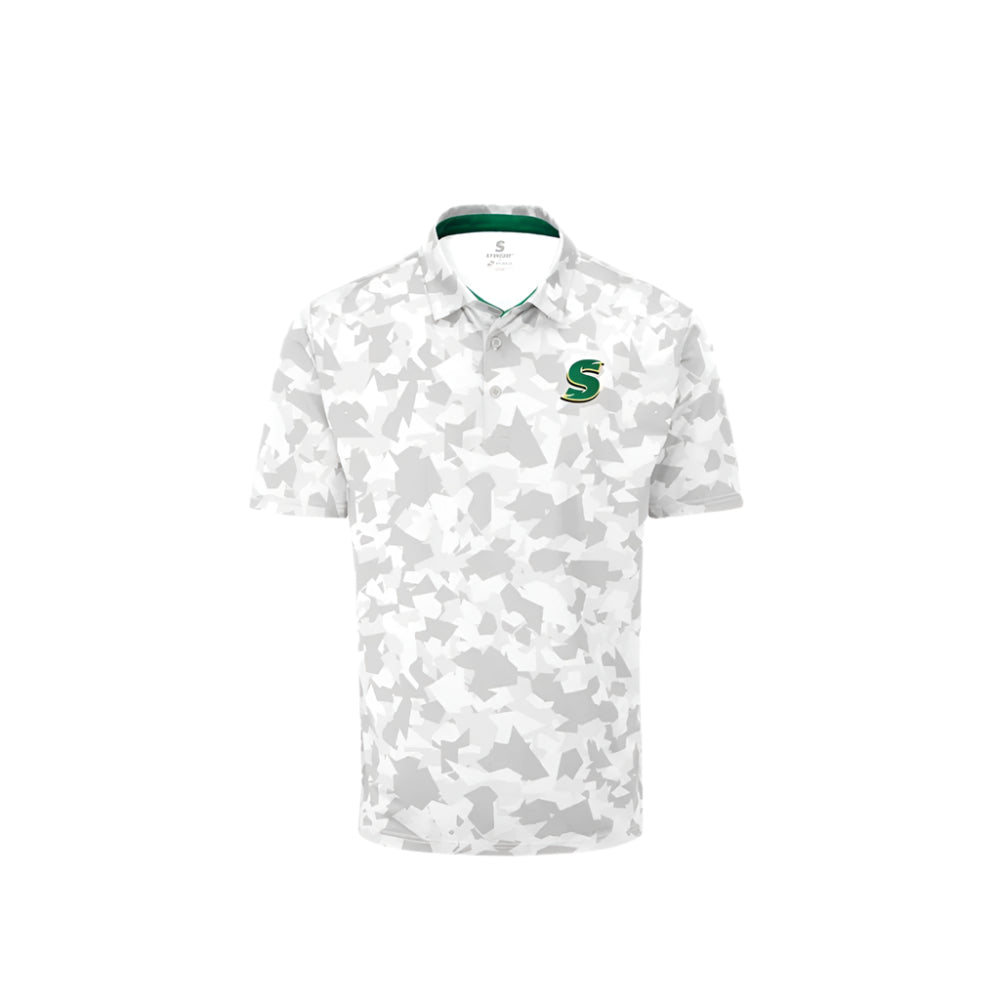 A white camouflage pattern Stuburt polo tee with the Team Stinger logo on the chest.