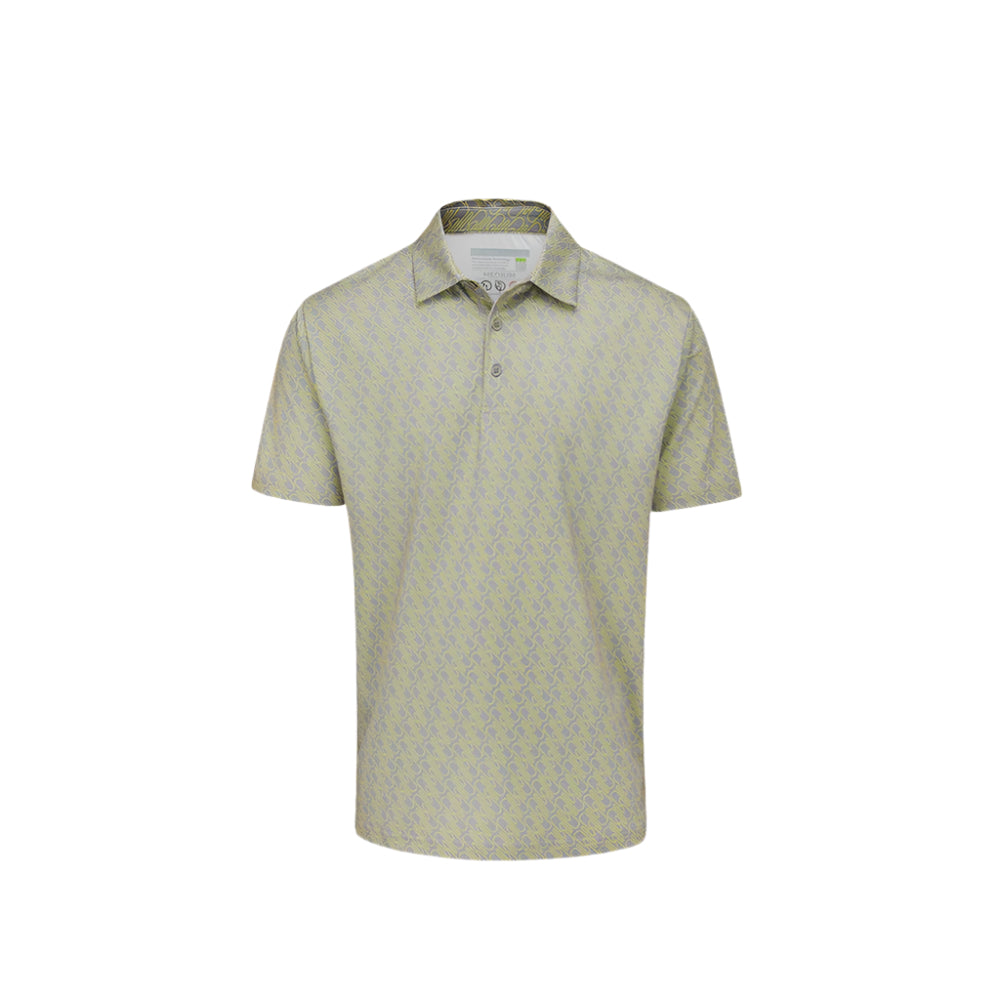 A green geometric patterned Stuburt polo tee with a collar, three-button placket, and sleeve with the brand's logo.