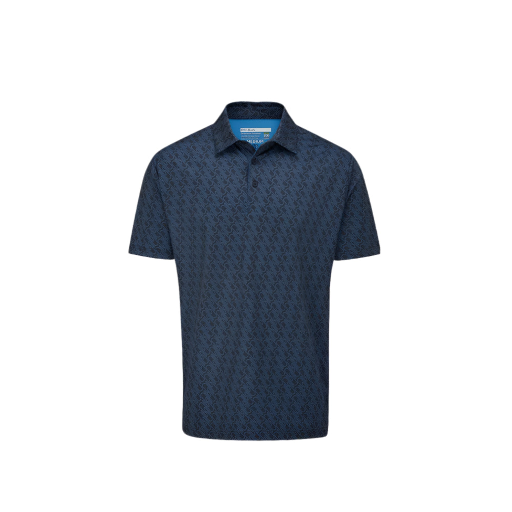 A navy-colored Stuburt polo shirt with a geometric pattern, featuring a collar, three-button placket, and a hem vent.
