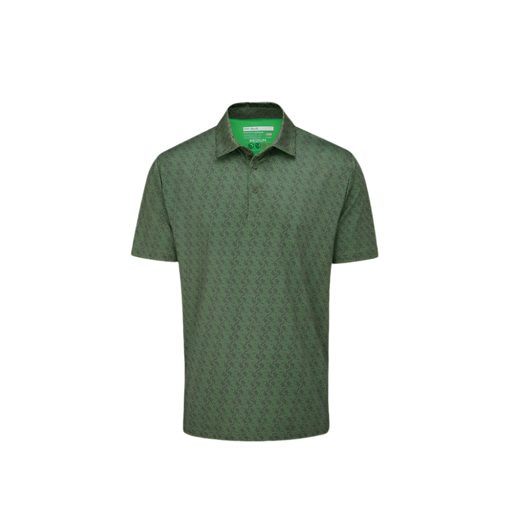 A green Stuburt polo shirt with a collar, three-button placket, and a patterned design.