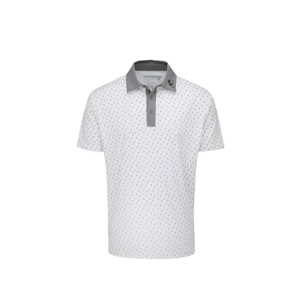 A Stuburt Fischer Polo shirt in ash color with a micro golfer repeat pattern, contrast placket and collar, and new matte buttons.