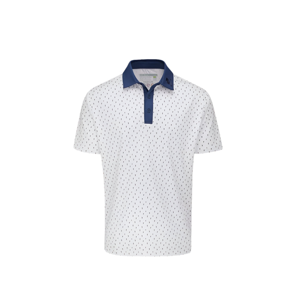 A white Stuburt polo shirt with a micro golfer repeat pattern, contrast placket and collar, and new matte buttons.