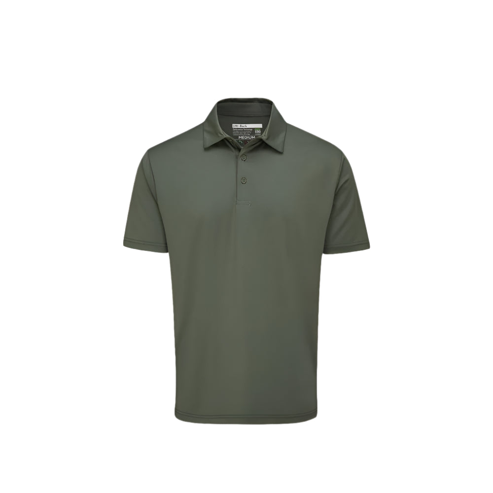 A Kestrel khaki-colored polo shirt with a collar, three button placket, and short sleeves.