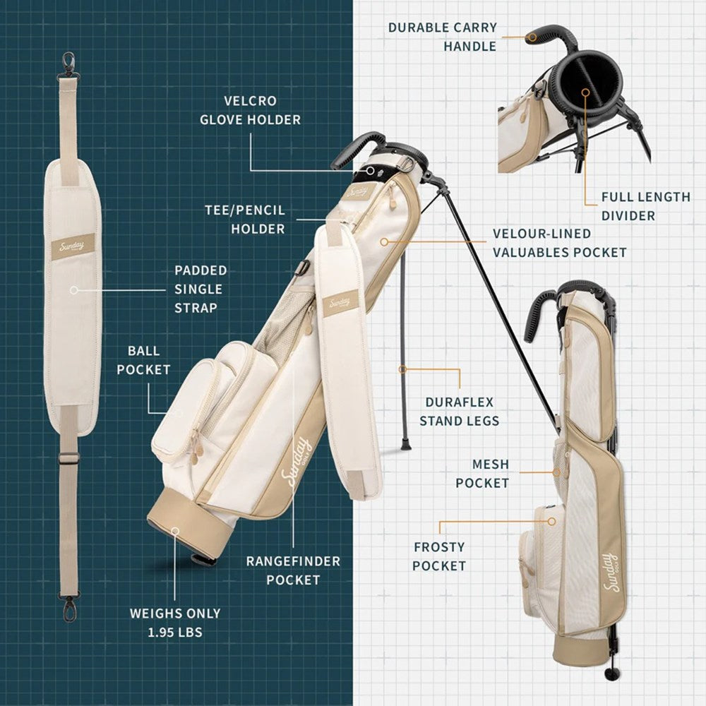 A beige and white golf bag with a black stand, designed to hold up to 6 clubs, featuring an insulated drink pouch and a cushioned shoulder strap brochure