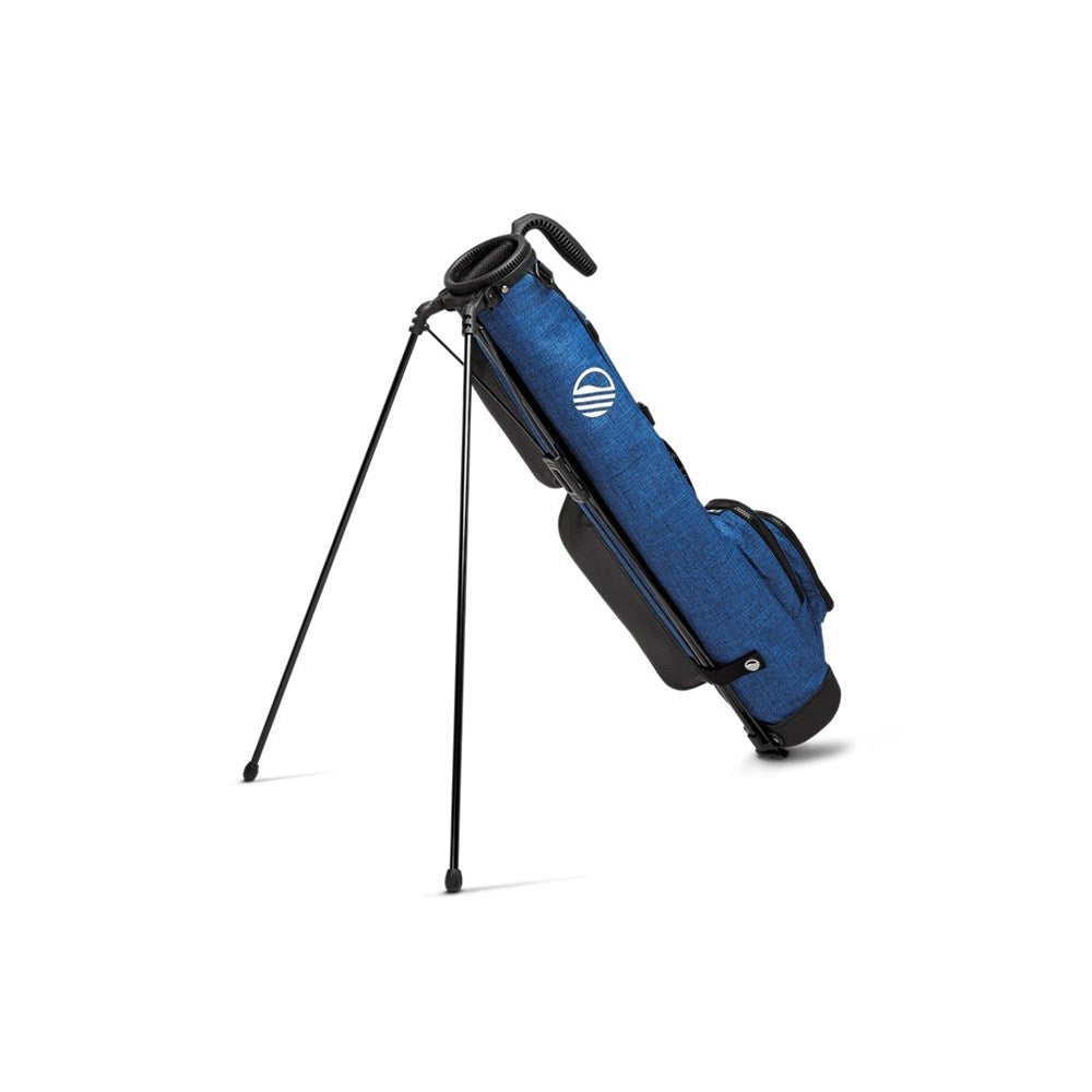 A blue and black Sunday Golf range/green side golf bag with a stand mechanism, featuring multiple pockets and a shoulder strap while the support stand is being used.