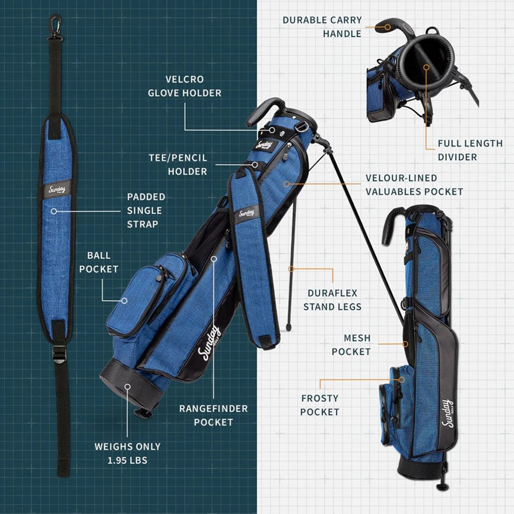A blue and black Sunday Golf range/green side golf bag with a stand mechanism, featuring multiple pockets and a shoulder strap brochure