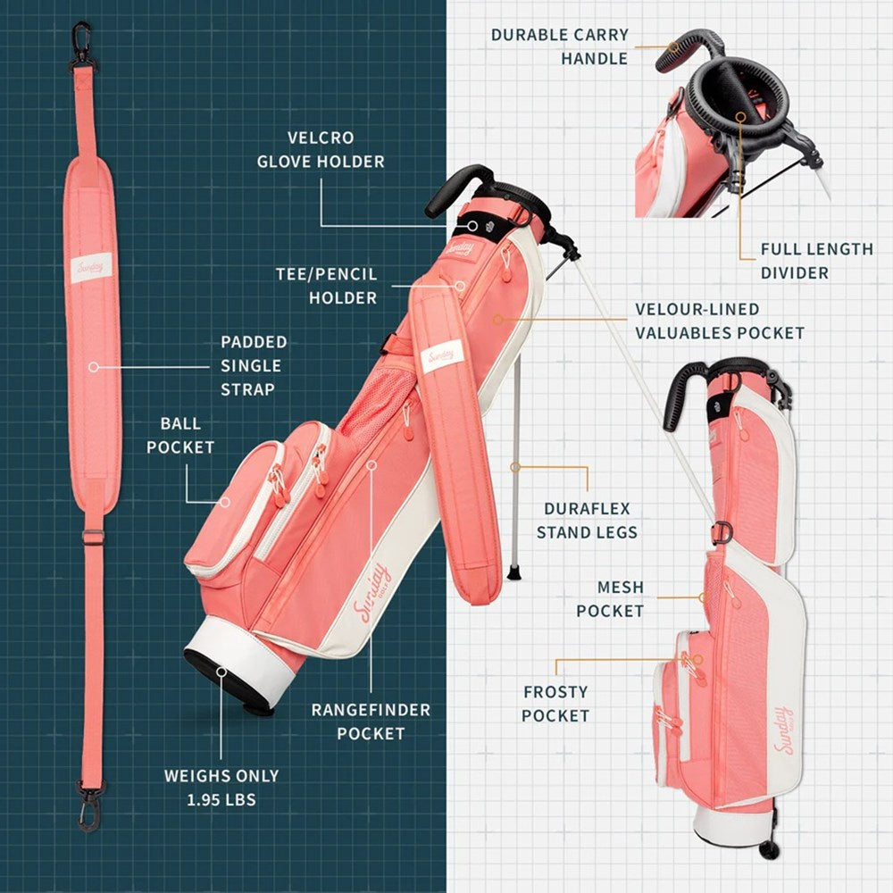 A pink and white golf bag with a stand mechanism, featuring multiple pockets and a shoulder strap as a brochure.