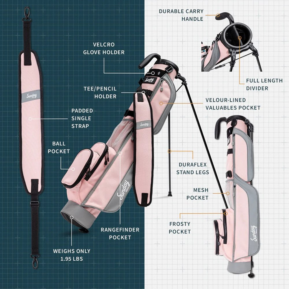 A pink and gray golf bag with a full-length shoulder strap, insulated drink pouch, and built-in stand, displayed on a white background brochure.