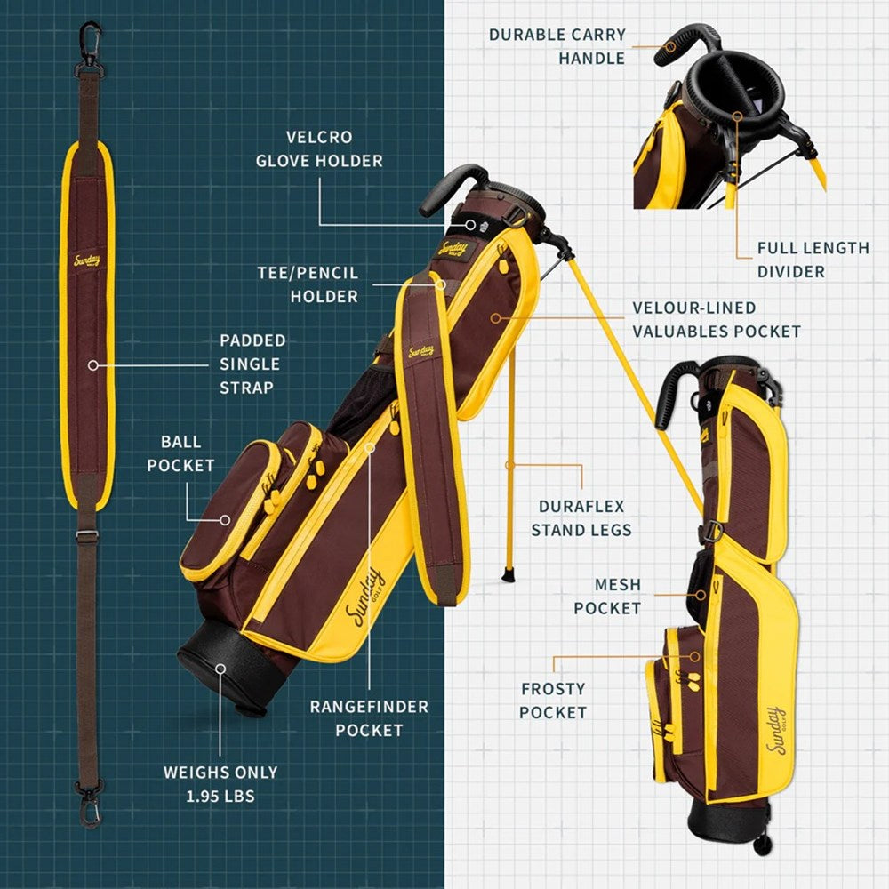 A yellow and maroon golf bag with a full-length shoulder strap, insulated drink pouch, and club divider brochure