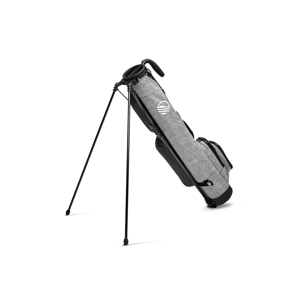 A black and gray Sunday Golf golf bag with a stand, designed for range/green use support stand being used.