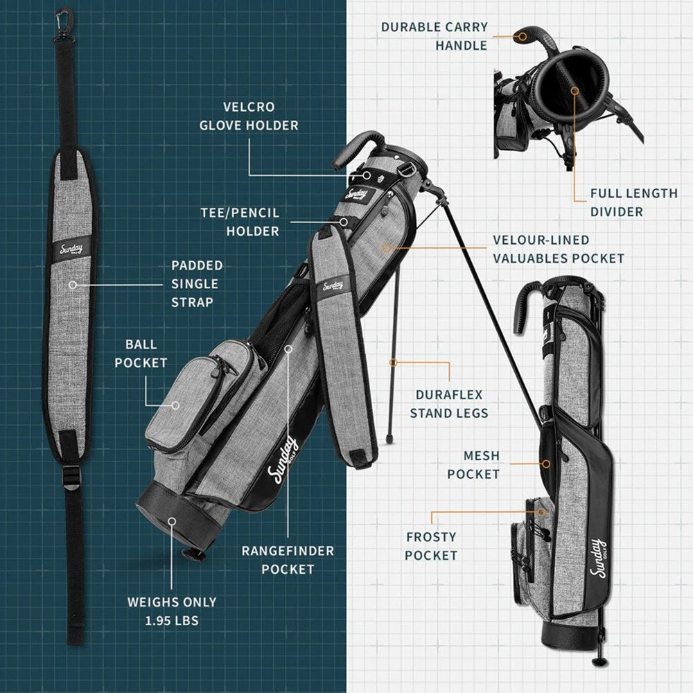 A black and gray Sunday Golf golf bag with a stand, designed for range/green brochure